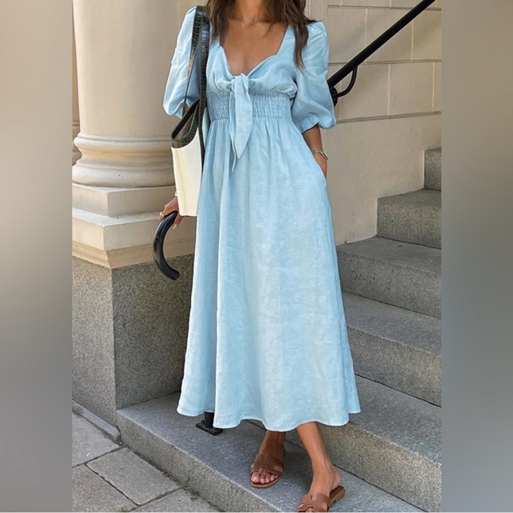 Linen Cotton Front Tie Midi Dress